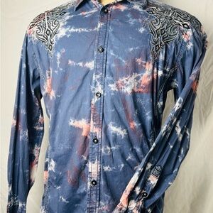 Roar Men's Blue and Pink Tie-Dye Button Down Shirt